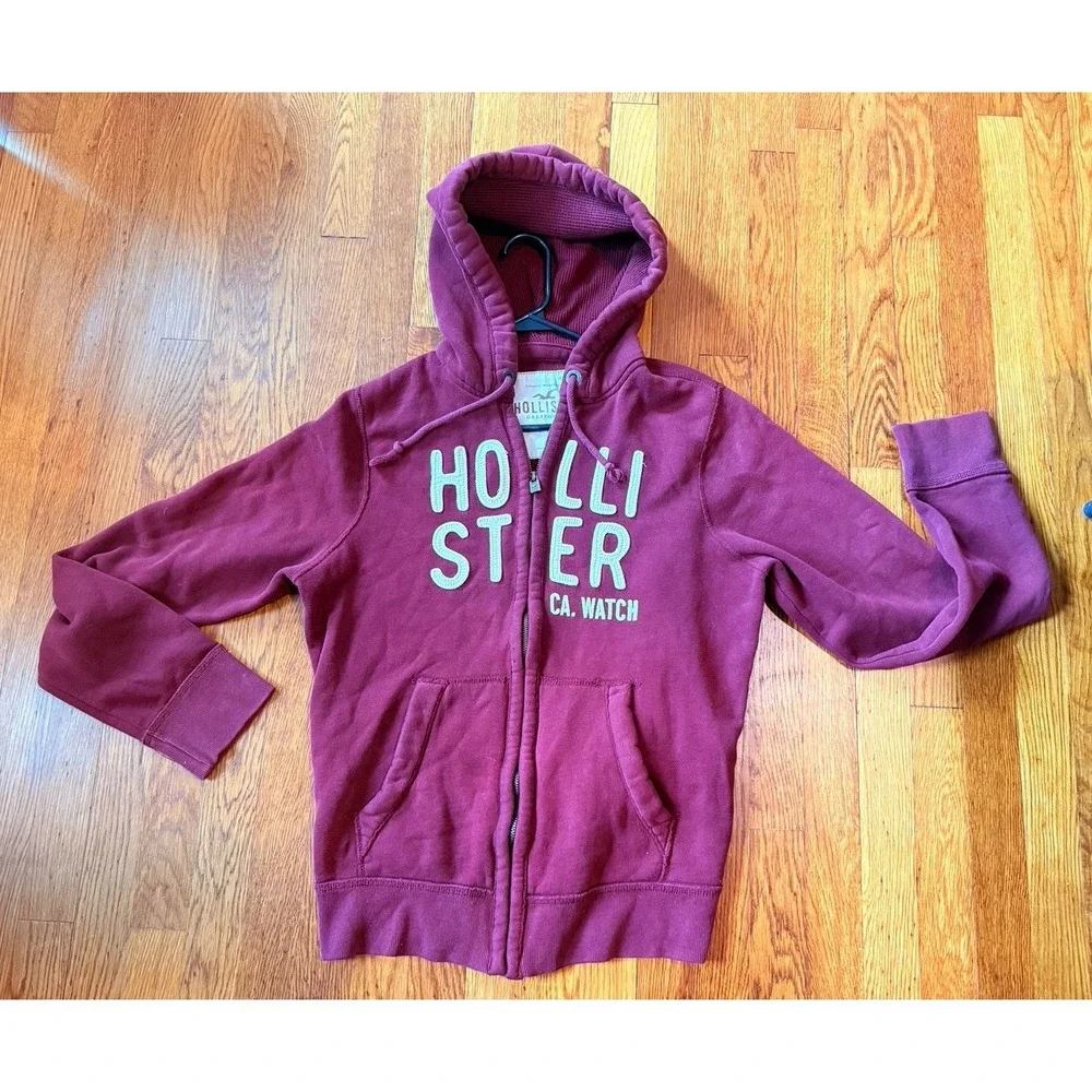 Y2K Hollister Hoodie Burgundy‎ Zip Up Sweater Unisex 2000s Red Sweater Graphic L